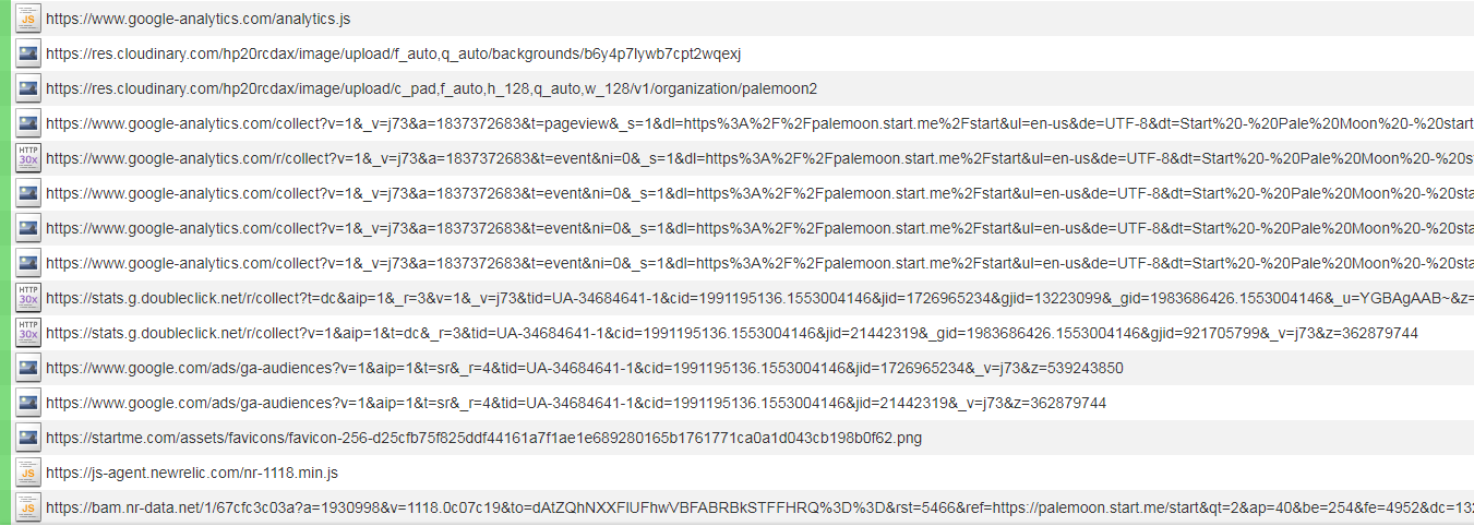 Peticiones enviadas por Pale Moon a Google Analytics desde la página de inicio